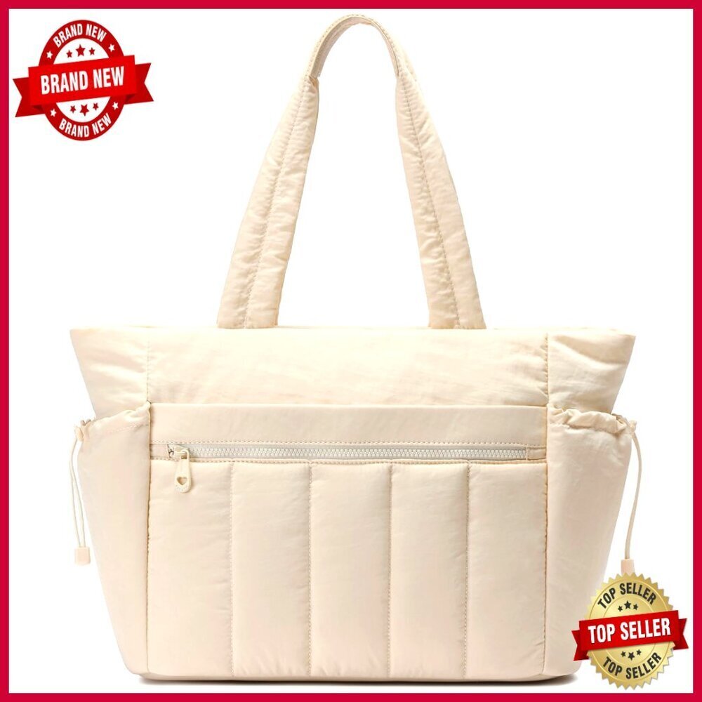 Lightweight Puffer Tote Bag with Compartments, Quilted Shoulder Handbag